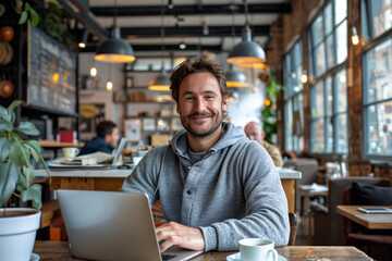 Happy businessman using laptop and having coffee at loft office