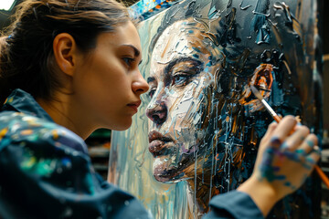 Woman Painting Portrait of Another Womans Face - obrazy, fototapety, plakaty