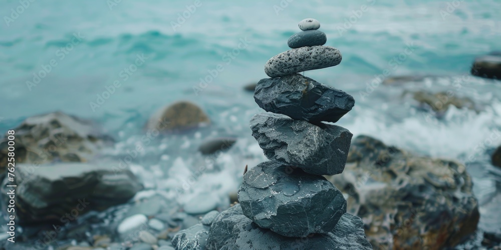 Poster stack of rocks on beach with ocean in background. rocks are arranged in pyramid shape, and scene con