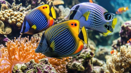 Naklejka na ściany i meble Three fish swimming in coral reef. Fish are blue and yellow