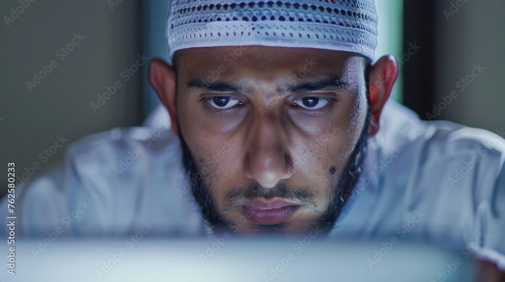 Poster man with beard and white shirt is looking at computer screen. he is focused on screen, possibly work
