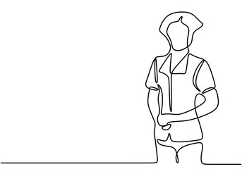 continuous line drawing of young female nurse standing at hospital