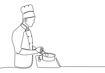 One continuous line drawing of chef prepares food in the kitchen.