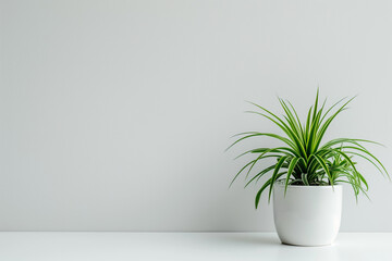 a plant in a white pot on a gray background , free space for text