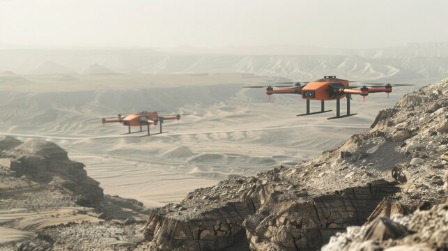 A network of autonomous drones surveying rugged terrain, mapping uncharted landscapes for geological research and exploration.