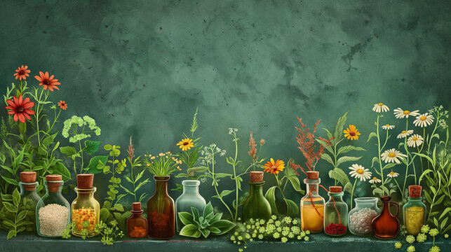 frame of pharmacy plants , watercolor style