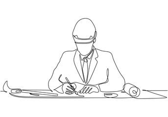 Single continuous line drawing of architect writing on blueprint paper