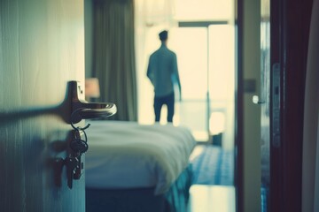 Man on vacation entering a bright hotel room with open door and key set