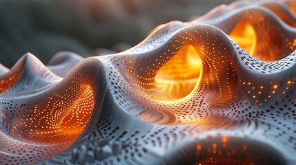 Futuristic 3D Rendered Landscape with Luminous Patterns and Dynamic Waves