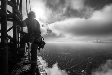 a man rises at a height on a construction site