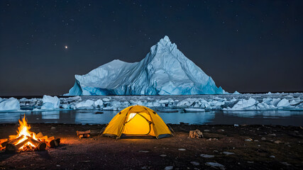 Camping tent and bonfire in front of icebergs at night