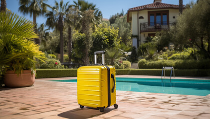 Yellow suitcase. Summer vacation villa with swimming pool in tropics. Summertime tourist travel luggage for luxury getaway retreat. Bright stylish fashion traveling bag for hot season trip. Banner