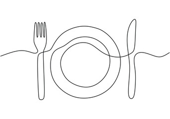 One continuous line plate, knife and fork vector illustration