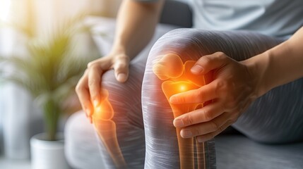 Person holding the knee in pain It highlights inflamed nerve roots to draw attention to the point of pain. - obrazy, fototapety, plakaty