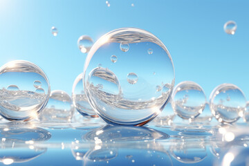 Fototapeta na wymiar Series of clear spheres floating on surface of body of water. Spheres are all different sizes and are scattered throughout image. Scene is calm and serene, as water