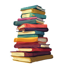 A tall stack of cartoon-style books with various colors and textures on a black background, portraying a love for reading.