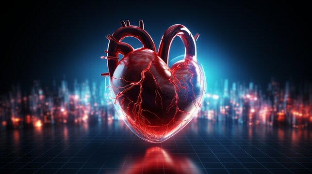 Human heart on digital background. Heart shape with cardiogram on dark background