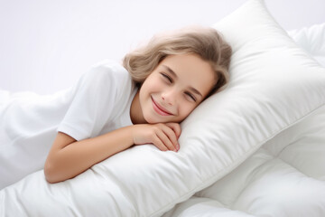 Obraz na płótnie Canvas Young girl is smiling and laying on white pillow. Pillow is soft and fluffy, providing comfortable surface for her to rest on. Concept of relaxation and happiness