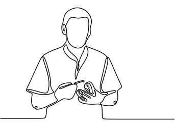 One line drawing of dentist bring anatomical adult human teeth