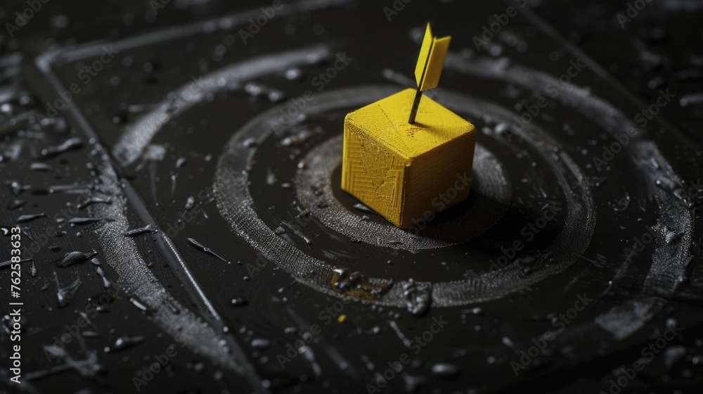 Poster yellow cube with pointy arrow on top of it is sitting on black surface. cube is surrounded by circle