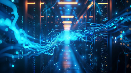 Abstract futuristic server room with blue neon lights. Technology concept. 3D Rendering - obrazy, fototapety, plakaty