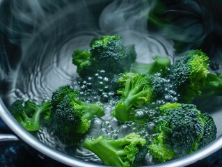 Broccoli florets boiling in water, the green tops vibrant against the silver of the pot