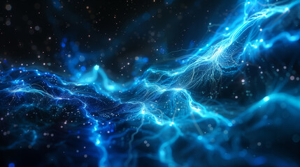 3D illustration of abstract blue energy wave. Glowing electric lightning