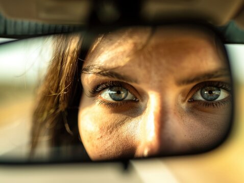 A close-up of a woman's face reflected in a rearview mirror, with a focused expression, as the road stretches out in front of her