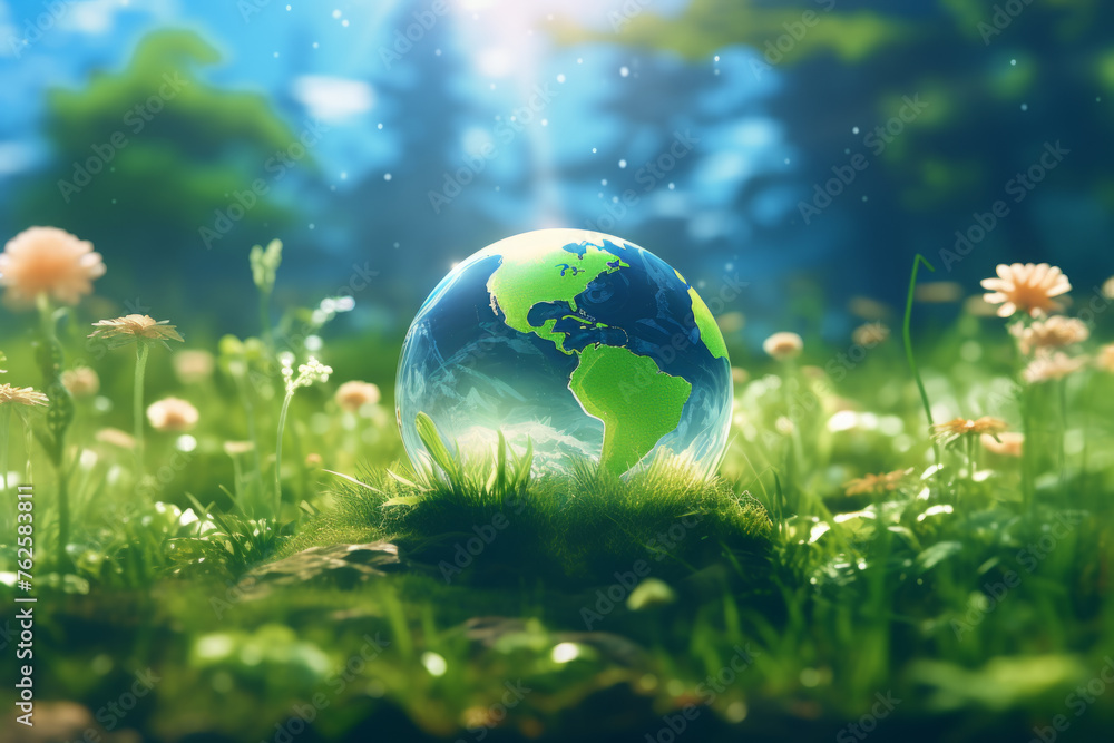 Poster globe is placed on top of grassy field. globe is surrounded by flowers and grass, creating peaceful 