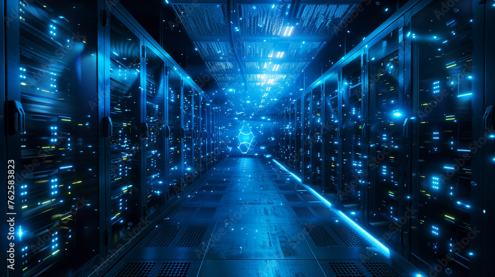 Aufkleber 3d rendering of server room data center with bright glowing lights.