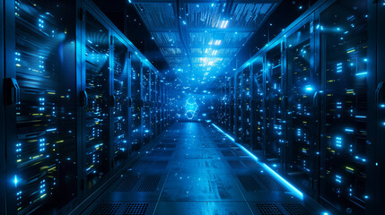 3D rendering of server room data center with bright glowing lights. - obrazy, fototapety, plakaty