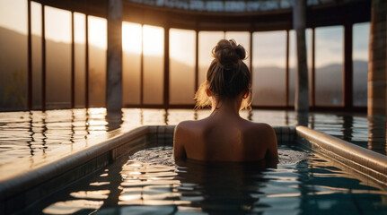 Beautiful young woman relaxing in the indoor thermal bath