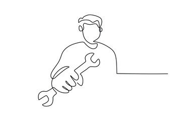 Single continuous line drawing mechanic holding the wrench works