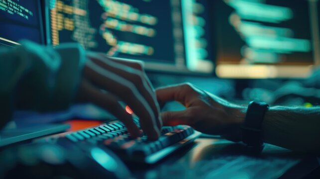 Close-up of a programmer's hands typing on a backlit keyboard, with lines of code displayed across multiple computer screens. AIG41