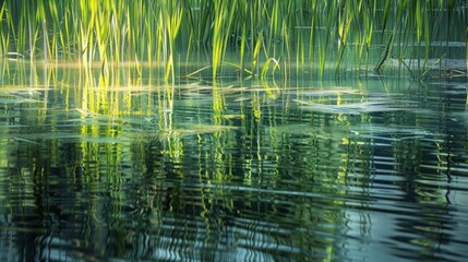 Gently swaying reeds line the edges of a tranquil pond, their reflections creating a mesmerizing symphony of movement.