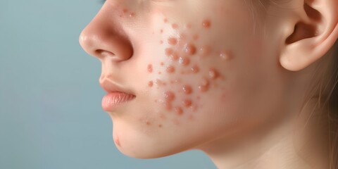 Beautiful face with acne imperfections, skin during acne treatment.