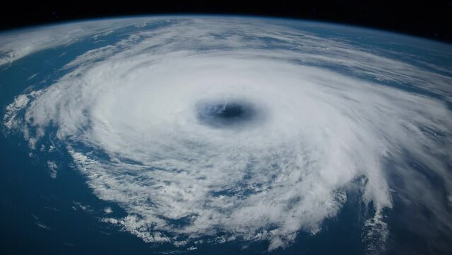 
Hurricane view from space rotating earth planet and star field in background. Contains public domain image by NASA