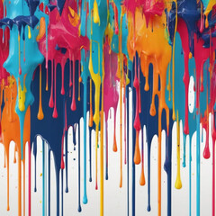 Colorful paint drips in various hues against a white background, creating a vibrant and dynamic...