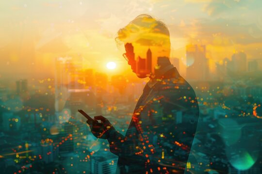 artistic double-exposure image of a businessman holding a smartphone with a panoramic cityscape at sunrise blended into the background, evoking themes of connectivity and pace of modern business life