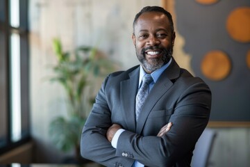 A confident and happy African American business executive in an office setting, arms crossed, conveying professionalism, success, and leadership