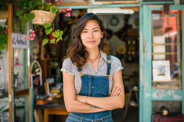 A portrait of a woman standing in front of a small vintage store, signifying small business ownership or entrepreneurship