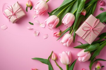 Pink flowers and pink box with ribbon on top of pink background. Flowers are arranged in way that they are scattered around box, creating sense of celebration and joy