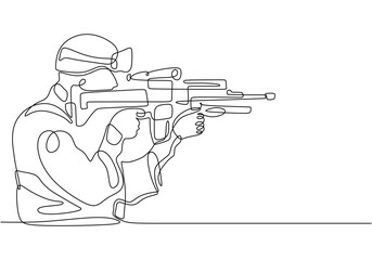 Continuous one single line drawing of soldier with weapon