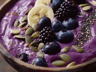 Bowl of purple smoothie with blueberries and bananas - Powered by Adobe