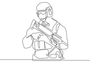 Continuous one single line drawing of soldier with weapon