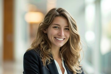 Fototapeta premium A smiling businesswoman looking at the camera, her confident stance and attire suggesting a professional or corporate setting