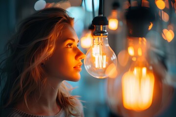 Woman looking at light bulb, searching for new ideas - obrazy, fototapety, plakaty