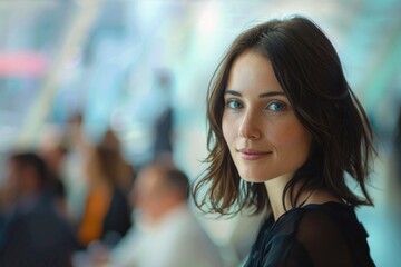Fototapeta premium A portrait of a beautiful woman, likely a business professional, with a backdrop of blurred business people in conversation