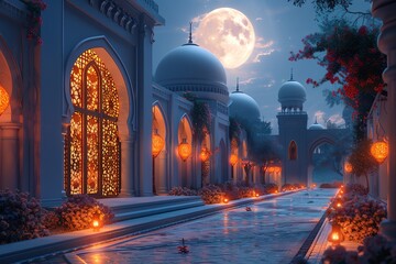 View of mosque at night with moon in sky. - obrazy, fototapety, plakaty