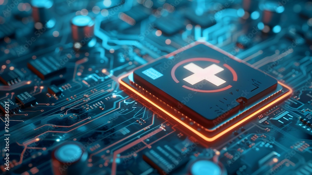 Aufkleber a close-up view of a glowing medical cross symbol displayed on a microchip .